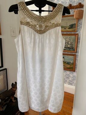 Maeve Beaded Embellished White Shift Dress Size 14 EUC